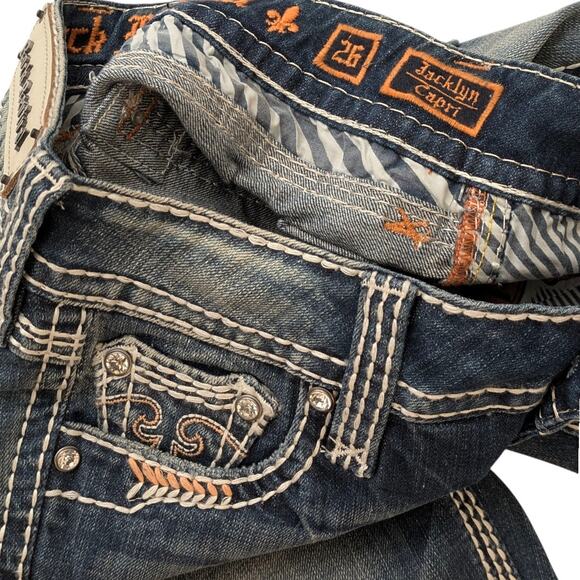 New ROCK REVIVAL Capri Jeans Jacklyn Mid Faded Orange Stitch No Flap Women's 26 - Picture 3 of 6